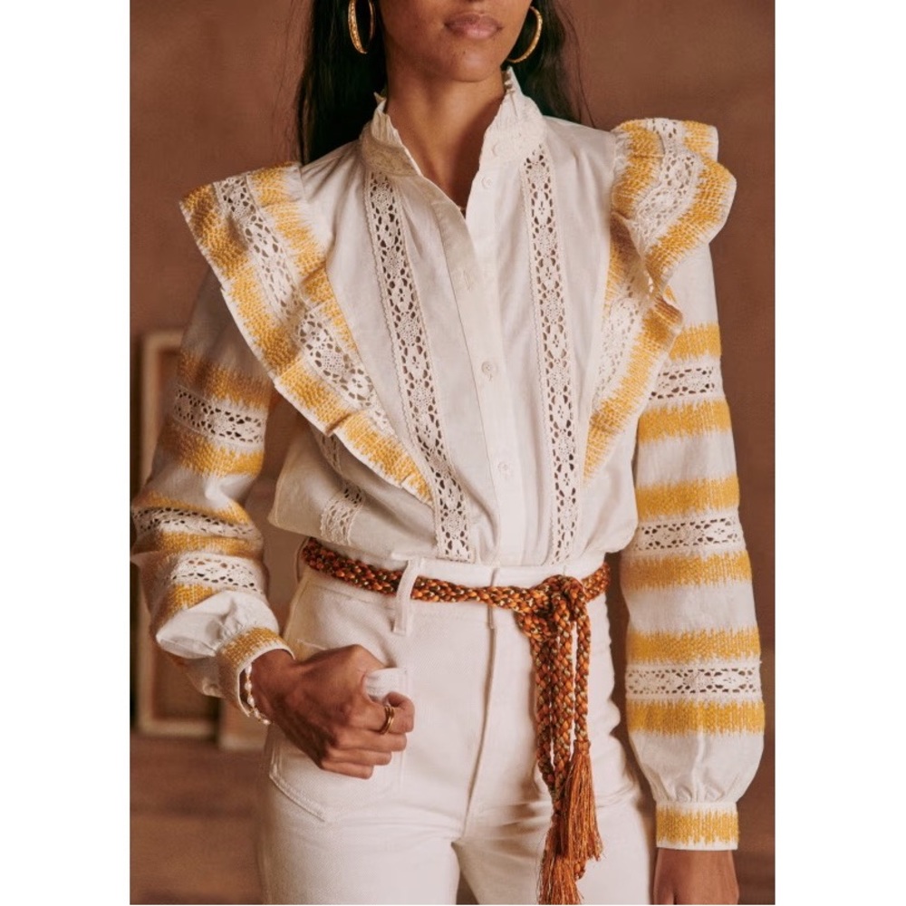 SEZANE Fedora Shirt Size 10 Ruffled Blouse Lace Detail Embroidered Top Ercu
